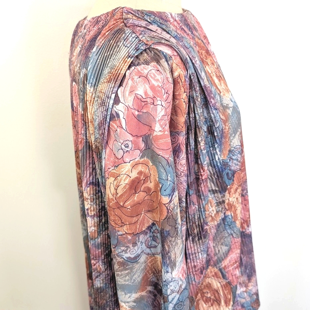 Vintage silky poly abstract floral pull on shift dress W apron top. 18R
